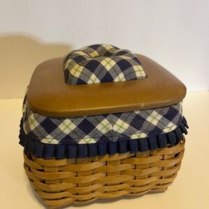 Longaberger Mending Basket with Blue Plaid pin Cushion on top.